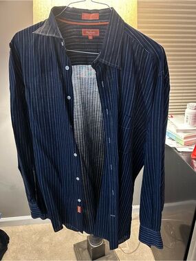 Faconnable Navy Blue Pinstripe Button-Down Shirt. Size XL